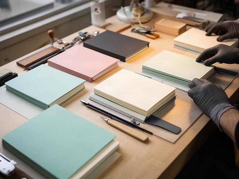 埼玉県越谷市の工房で野球フィールドノートを製本し検品する作業台